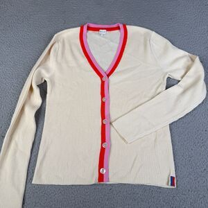 KULE Cardigan Sweater Womens XS Cream Red Pink Knit Ribbed Button Cotton Trim